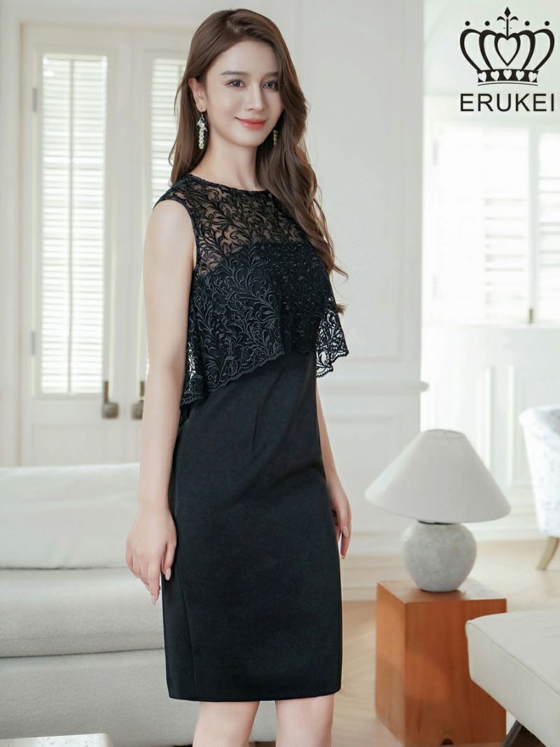 ERUKEI エルケイ ブラック ノースリーブ・レース・タイト・スリット・膝丈・ミニドレス・ワンピース ek-e23041-2