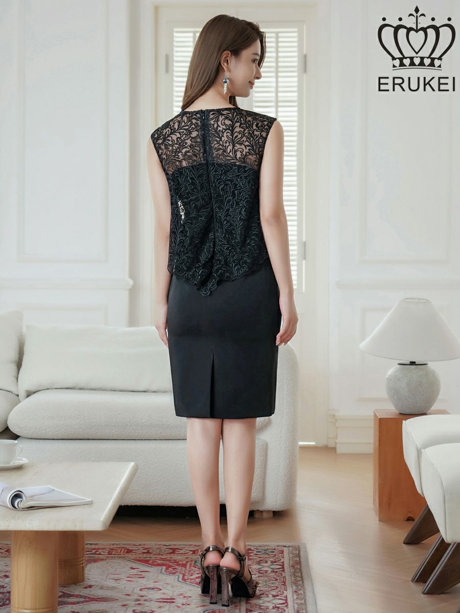 ERUKEI エルケイ ブラック ノースリーブ・レース・タイト・スリット・膝丈・ミニドレス・ワンピース ek-e23041-2