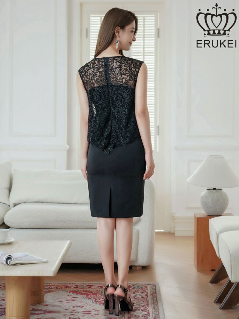ERUKEI エルケイ ブラック ノースリーブ・レース・タイト・スリット・膝丈・ミニドレス・ワンピース ek-e23041-2