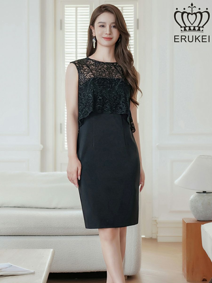 ERUKEI エルケイ ブラック ノースリーブ・レース・タイト・スリット・膝丈・ミニドレス・ワンピース ek-e23041-2