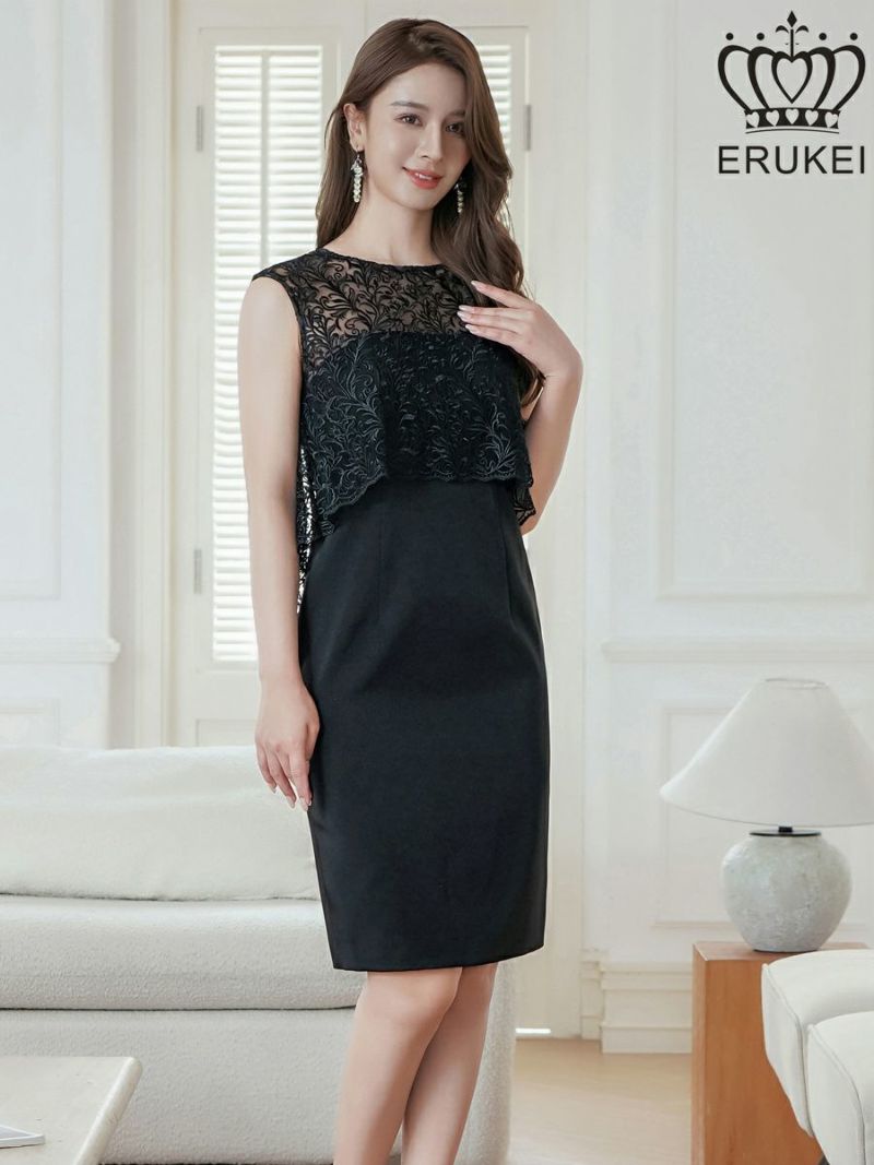 ERUKEI エルケイ ブラック ノースリーブ・レース・タイト・スリット・膝丈・ミニドレス・ワンピース ek-e23041-2