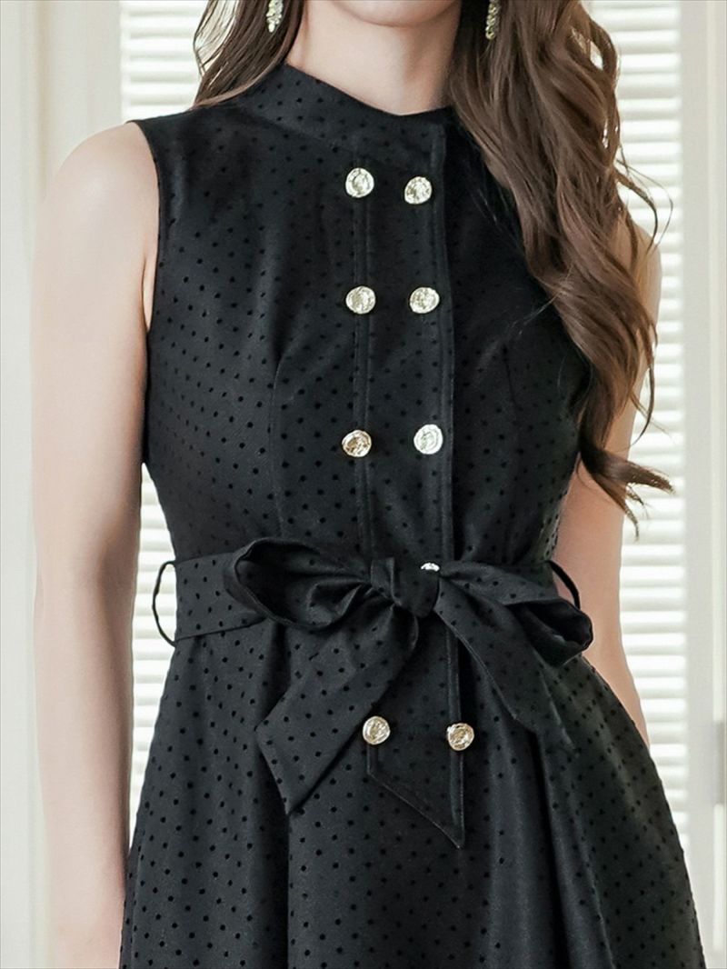 ERUKEI エルケイ ブラック ボタン・ノースリーブ・Aライン・ミディアムドレス・ワンピース ek-c36005-1