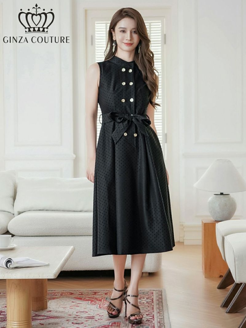 ERUKEI エルケイ ブラック ボタン・ノースリーブ・Aライン・ミディアムドレス・ワンピース ek-c36005-1