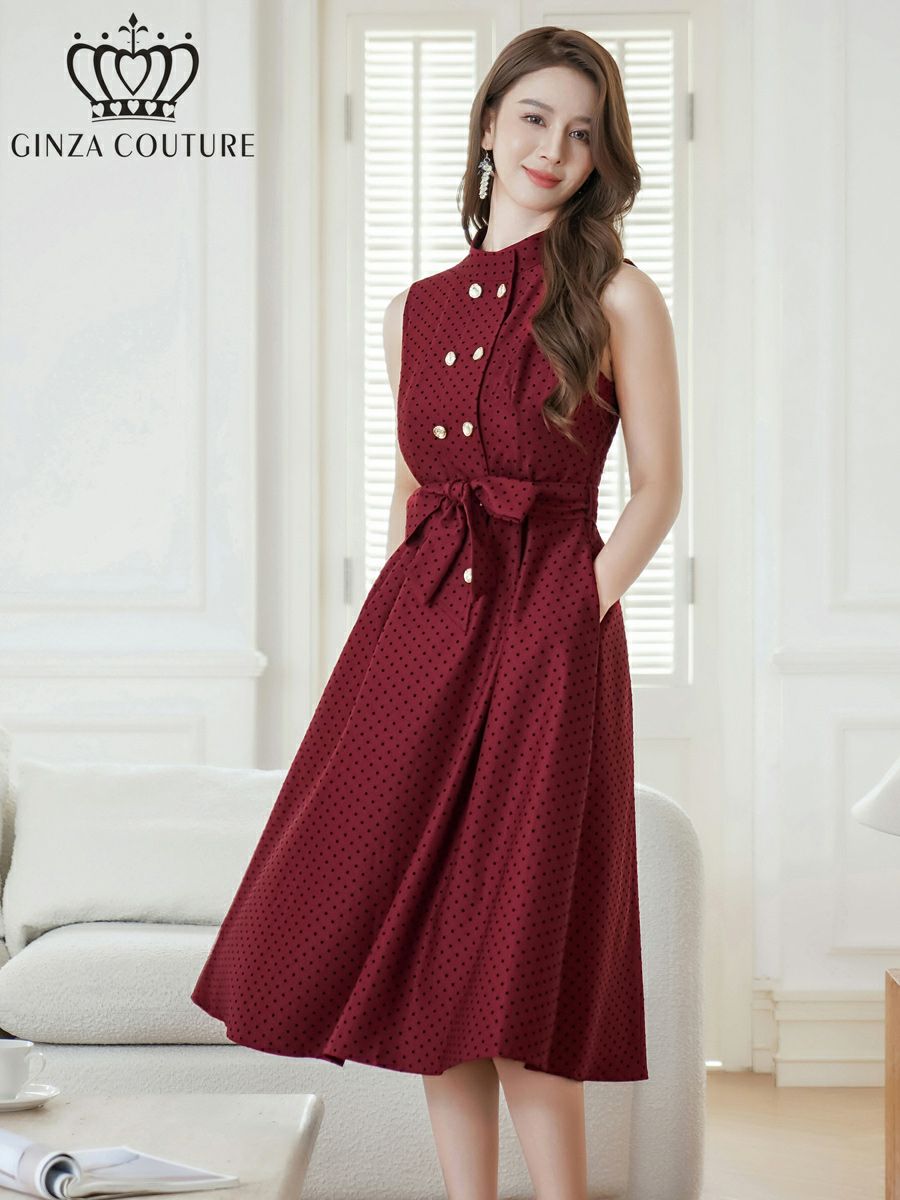 ERUKEI エルケイ ワインレッド ボタン・ノースリーブ・Aライン・ミディアムドレス・ワンピース ek-c36005-2