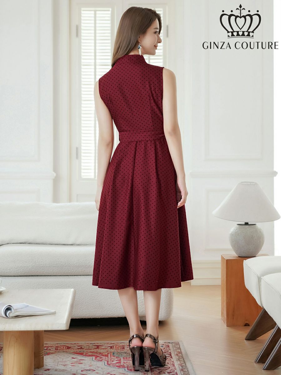 ERUKEI エルケイ ワインレッド ボタン・ノースリーブ・Aライン・ミディアムドレス・ワンピース ek-c36005-2