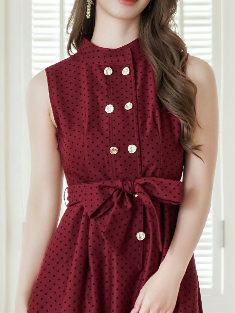 ERUKEI エルケイ ワインレッド ボタン・ノースリーブ・Aライン・ミディアムドレス・ワンピース ek-c36005-2