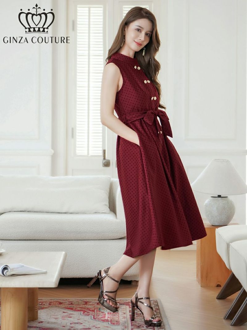 ERUKEI エルケイ ワインレッド ボタン・ノースリーブ・Aライン・ミディアムドレス・ワンピース ek-c36005-2