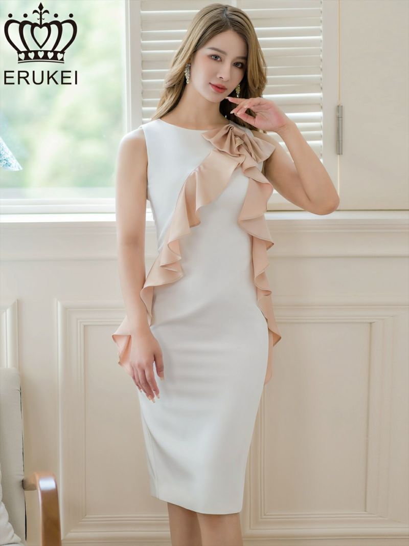 ERUKEI エルケイ ホワイト×ベージュ バイカラー・リボン・フリル・ノースリーブ・ミディアムドレス・ワンピース ek-e24132-1