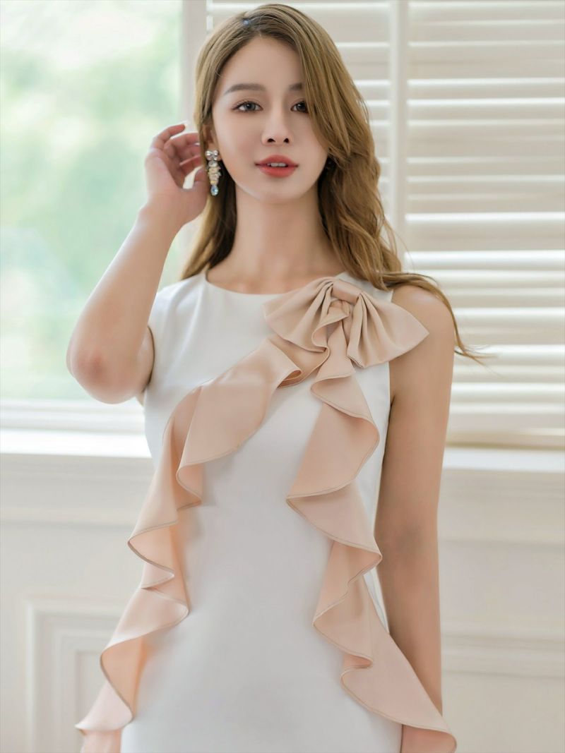 ERUKEI エルケイ ホワイト×ベージュ バイカラー・リボン・フリル・ノースリーブ・ミディアムドレス・ワンピース ek-e24132-1