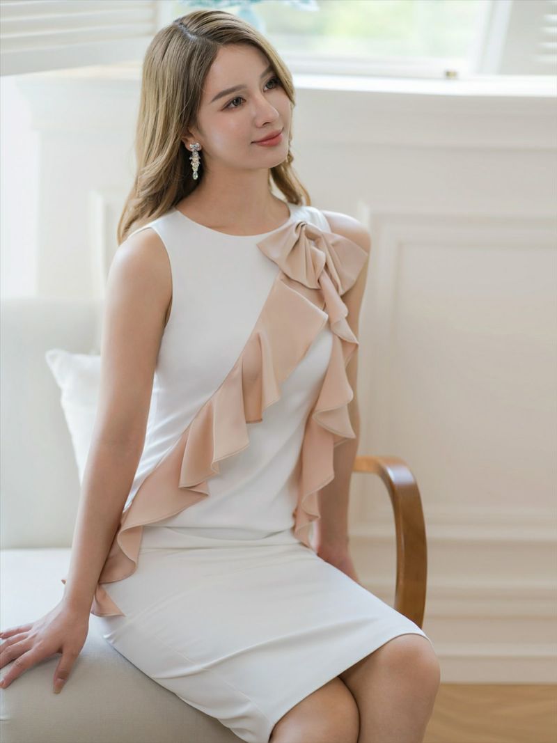 ERUKEI エルケイ ホワイト×ベージュ バイカラー・リボン・フリル・ノースリーブ・ミディアムドレス・ワンピース ek-e24132-1