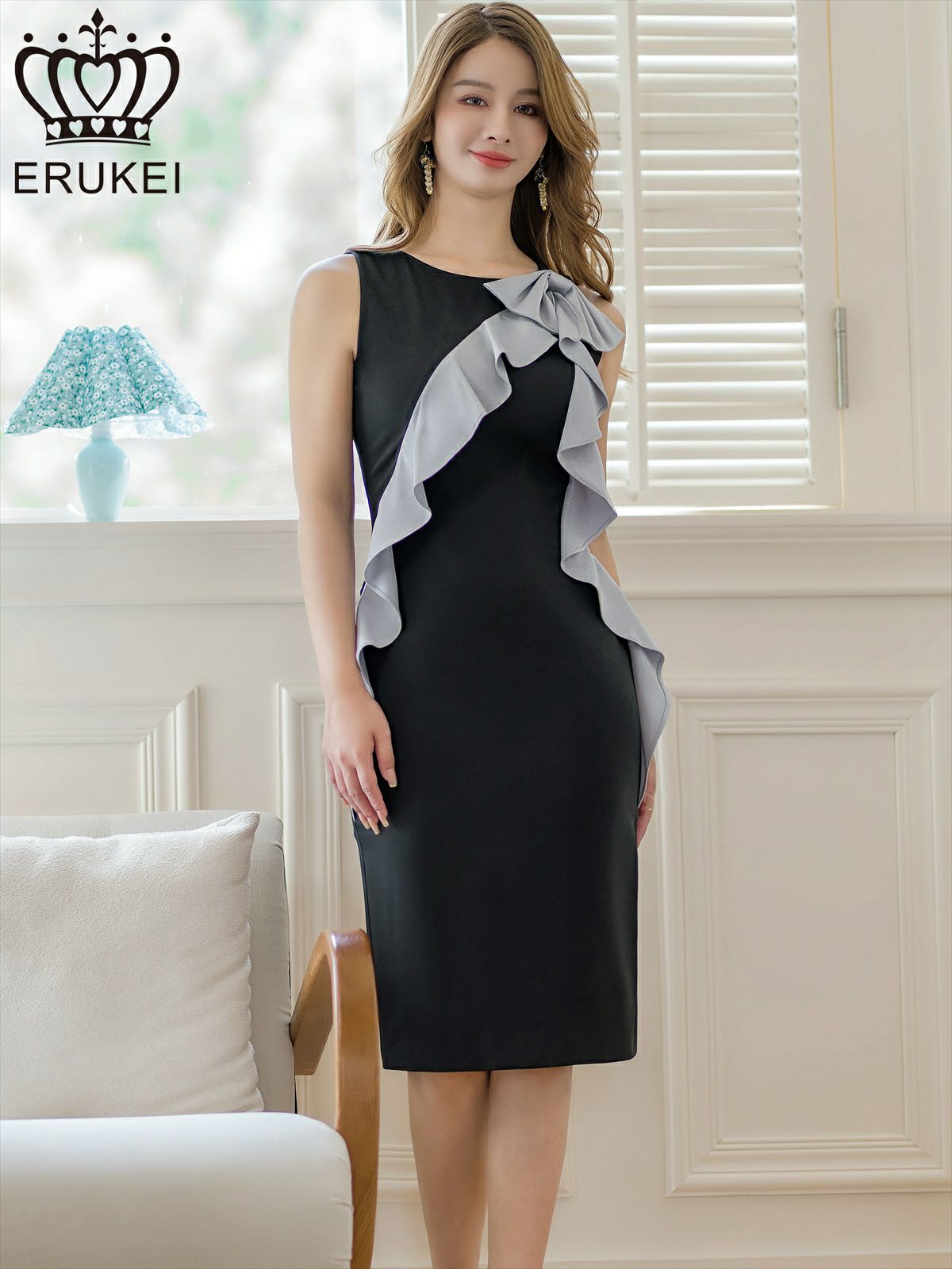 ERUKEI エルケイ ブラック×グレー バイカラー・リボン・フリル・ノースリーブ・ミディアムドレス・ワンピース ek-e24132-2