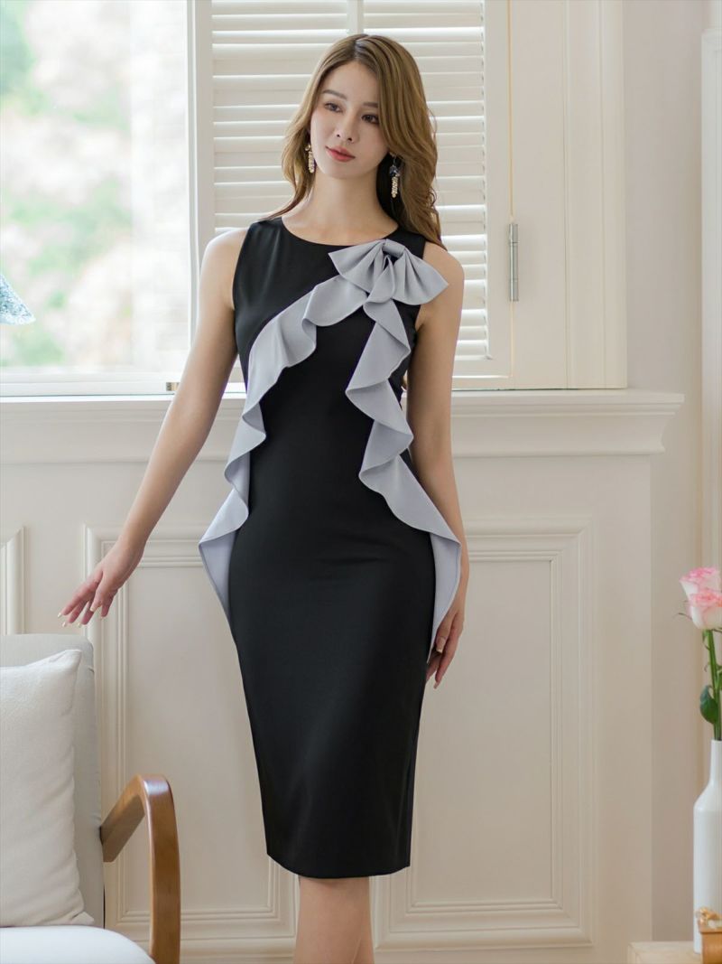 ERUKEI エルケイ ブラック×グレー バイカラー・リボン・フリル・ノースリーブ・ミディアムドレス・ワンピース ek-e24132-2