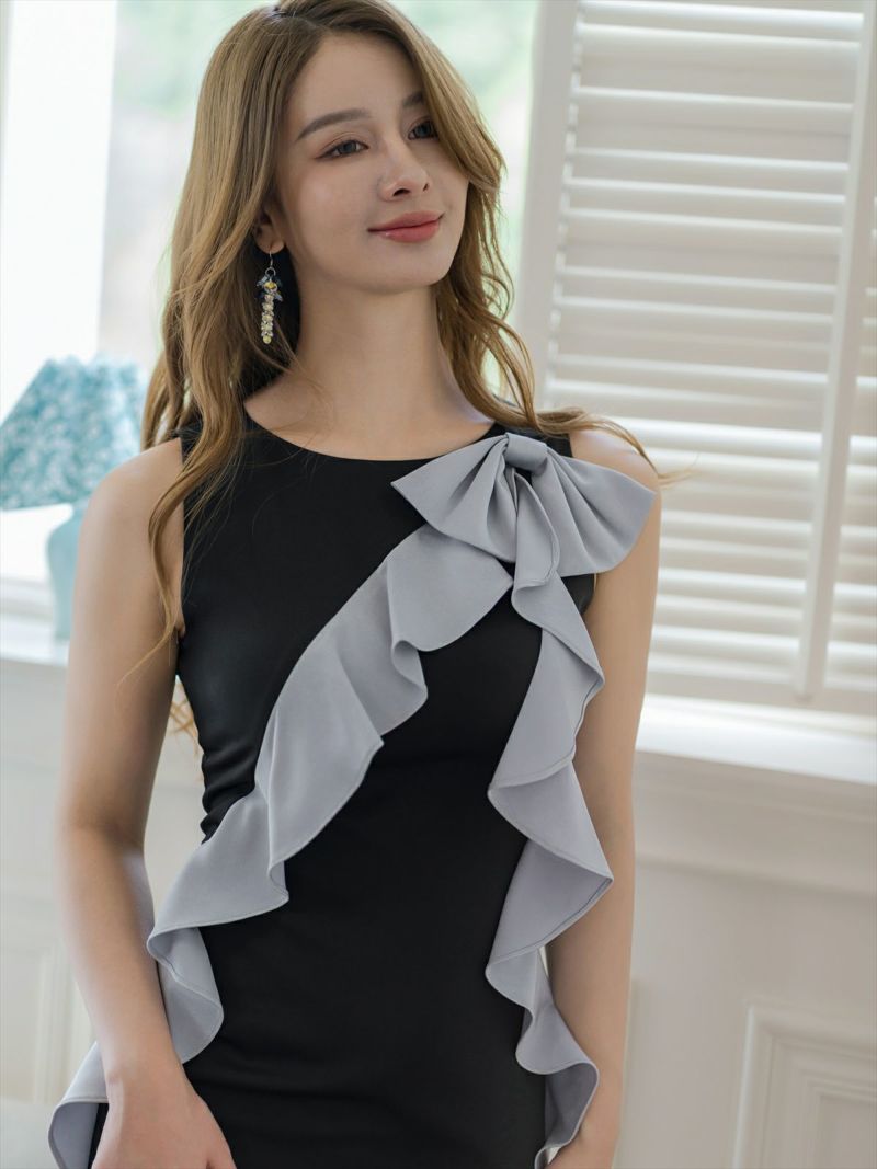 ERUKEI エルケイ ブラック×グレー バイカラー・リボン・フリル・ノースリーブ・ミディアムドレス・ワンピース ek-e24132-2