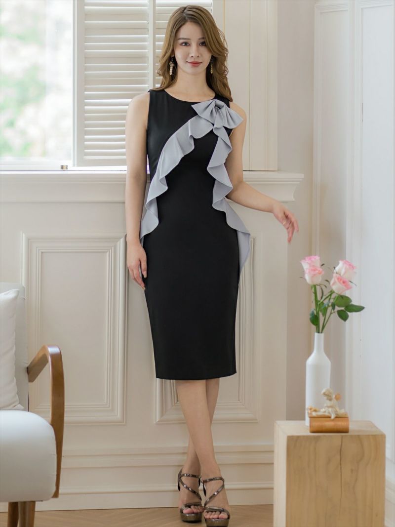 ERUKEI エルケイ ブラック×グレー バイカラー・リボン・フリル・ノースリーブ・ミディアムドレス・ワンピース ek-e24132-2