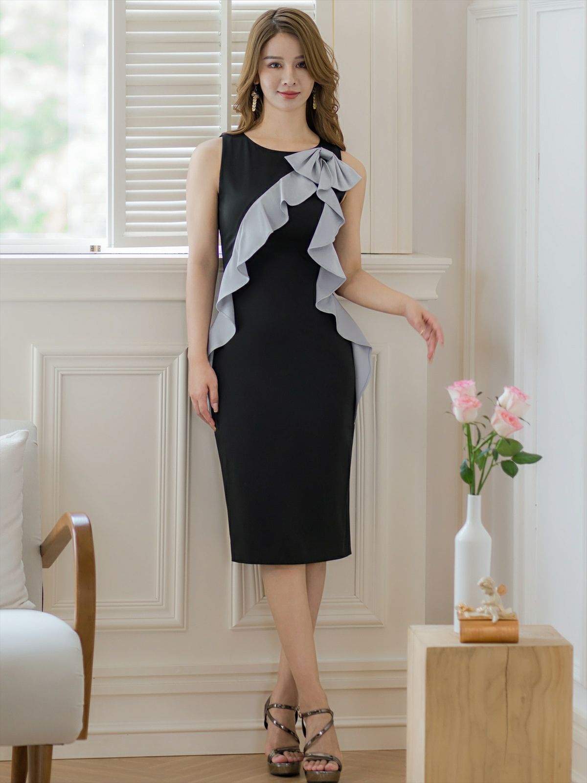 ERUKEI エルケイ ブラック×グレー バイカラー・リボン・フリル・ノースリーブ・ミディアムドレス・ワンピース ek-e24132-2