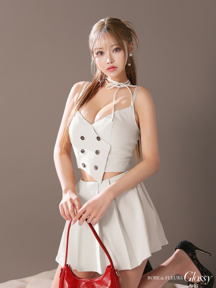 Glossy ローブドフルール グロッシー ホワイト チョーカー付きダブルボタンセットアップキャミキャバドレス gl3289-3