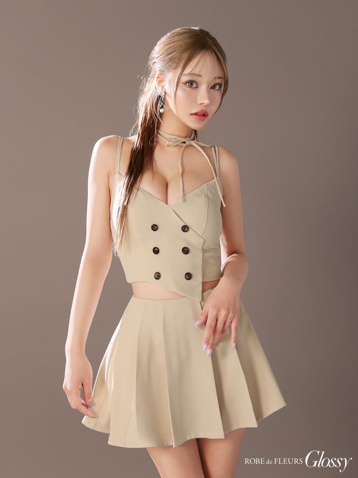 Glossy ローブドフルール グロッシー チョーカー付きダブルボタンセットアップキャミキャバドレス gl3289-c