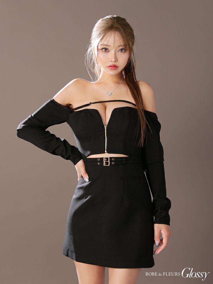 Glossy ローブドフルール グロッシー ブラック オフショルロングスリーブウエストカットタイトキャバドレス gl3576-2