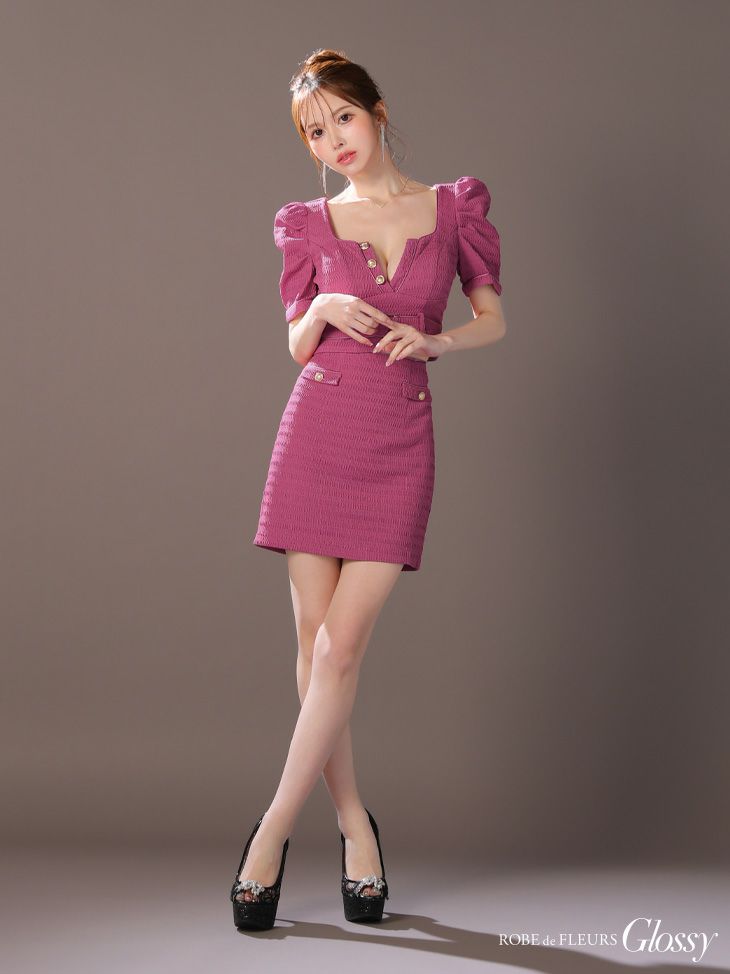 Glossy ローブドフルールグロッシー ローズピンク パフスリーブフロントボタンセットアップミニキャバドレス gl3909-1