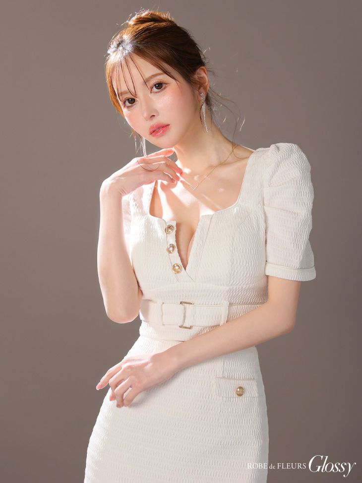 Glossy ローブドフルールグロッシー ホワイト パフスリーブフロントボタンセットアップミニキャバドレス gl3909-2