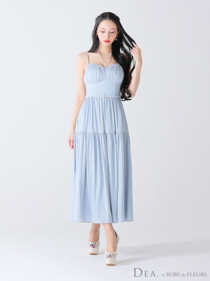 DEA. ディア バイ ローブドフルール ブルー ラメシフォンフレアロングキャミキャバドレス de3374-2