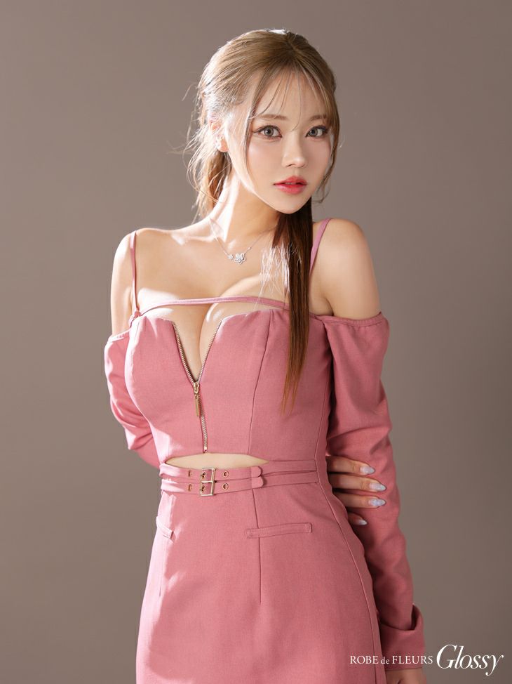 Glossy ローブドフルールグロッシー オフショルロングスリーブウエストカットタイトキャバドレス gl3576-c