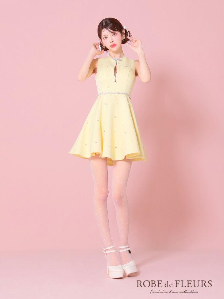 ROBE de FLEURS ローブドフルール イエロー リボンビジューバストカットフレアミニキャバドレス fm3618-1