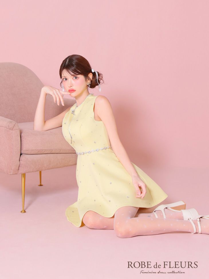 ROBE de FLEURS ローブドフルール イエロー リボンビジューバストカットフレアミニキャバドレス fm3618-1