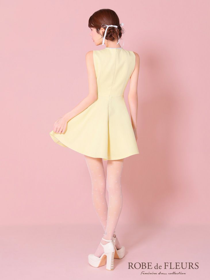 ROBE de FLEURS ローブドフルール イエロー リボンビジューバストカットフレアミニキャバドレス fm3618-1