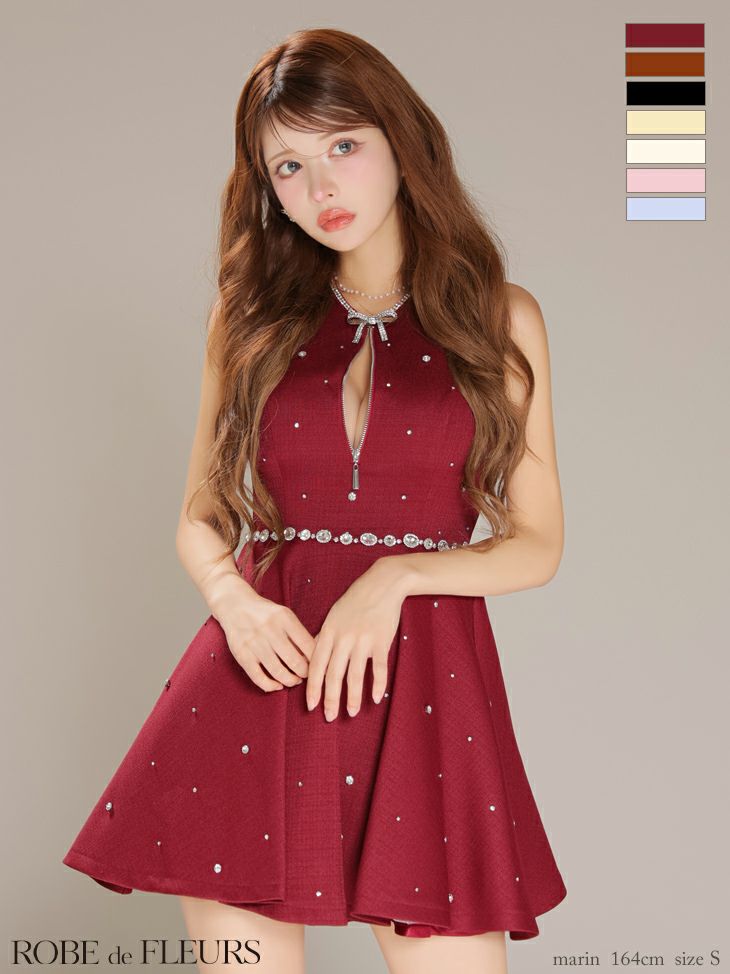 ROBE de FLEURS ローブドフルール リボンビジューバストカットフレアミニキャバドレス fm3618-c