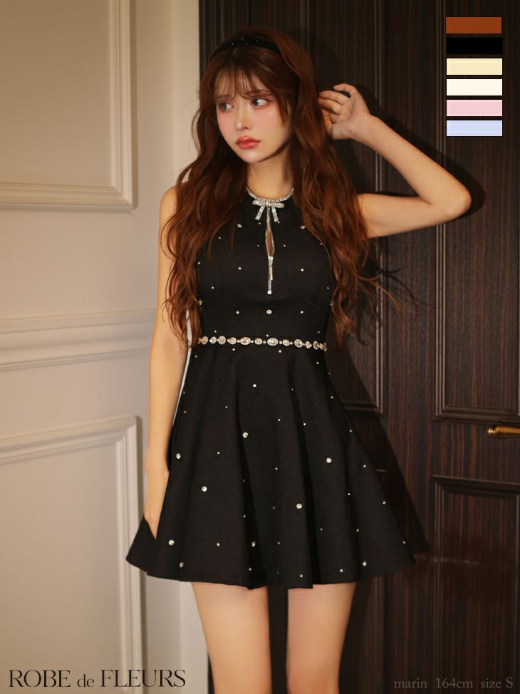 ROBE de FLEURS ローブドフルール リボンビジューバストカットフレアミニキャバドレス fm3618-c