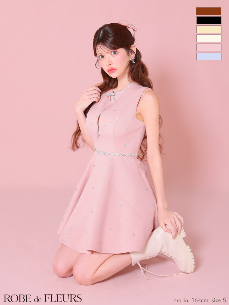 ROBE de FLEURS ローブドフルール リボンビジューバストカットフレアミニキャバドレス fm3618-c