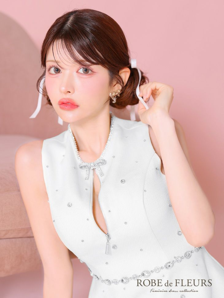 ROBE de FLEURS ローブドフルール リボンビジューバストカットフレアミニキャバドレス fm3618-c