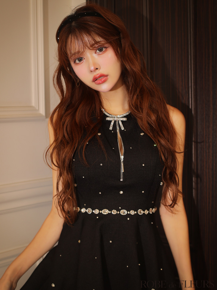 ROBE de FLEURS ローブドフルール リボンビジューバストカットフレアミニキャバドレス fm3618-c