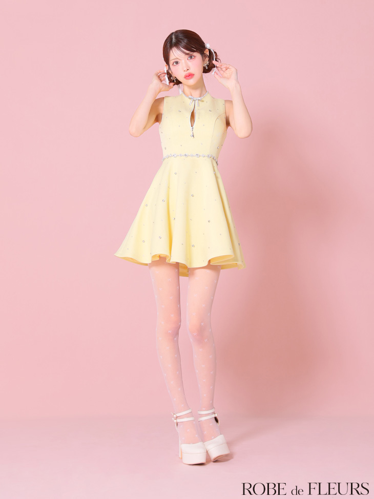 ROBE de FLEURS ローブドフルール リボンビジューバストカットフレアミニキャバドレス fm3618-c