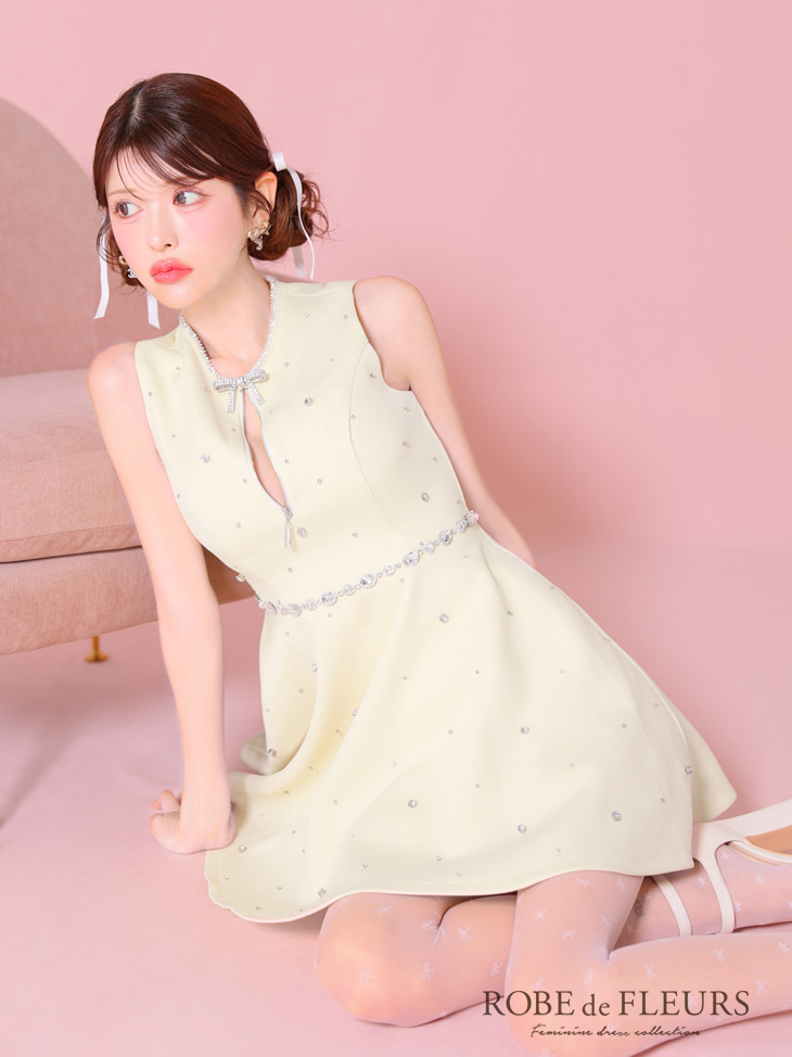 ROBE de FLEURS ローブドフルール リボンビジューバストカットフレアミニキャバドレス fm3618-c