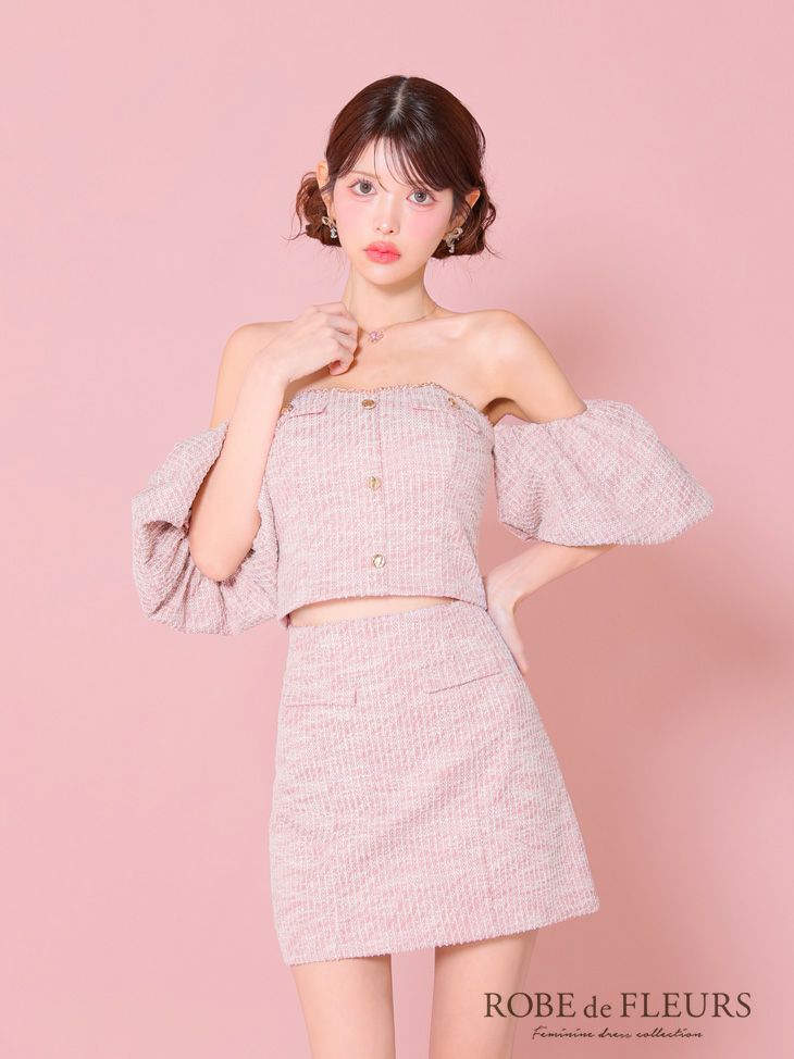 ROBE de FLEURS ローブドフルール ピンク ニットツイードオフショルセットアップタイトミニキャバドレス fm3269-2
