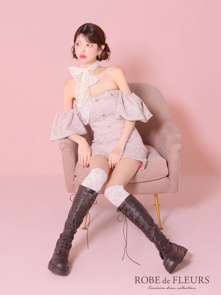 ROBE de FLEURS ローブドフルール ピンク ニットツイードオフショルセットアップタイトミニキャバドレス fm3269-2