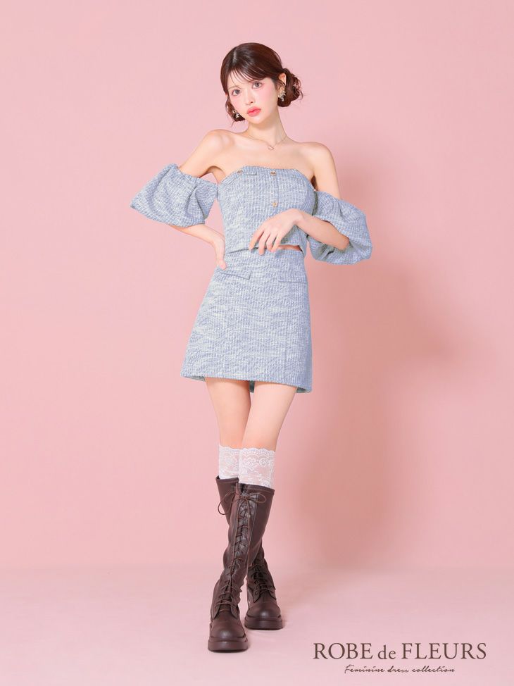 ROBE de FLEURS ローブドフルール ブルー ニットツイードオフショルセットアップタイトミニキャバドレス fm3269-3