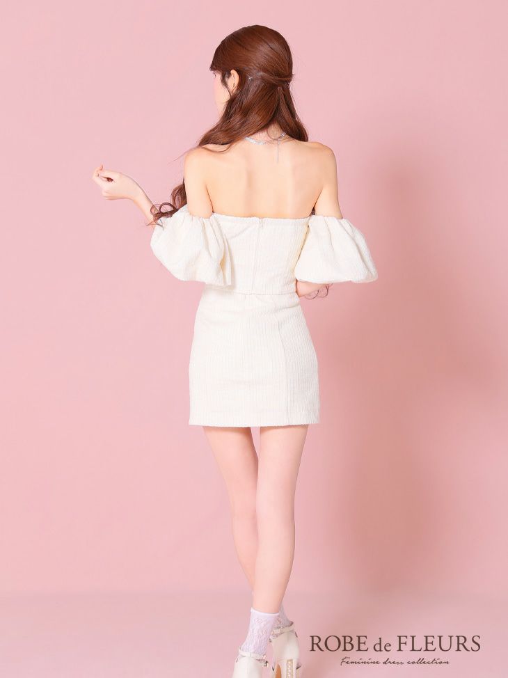 ROBE de FLEURS ローブドフルール ブルー ニットツイードオフショルセットアップタイトミニキャバドレス fm3269-3