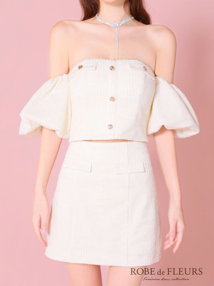 ROBE de FLEURS ローブドフルール ブルー ニットツイードオフショルセットアップタイトミニキャバドレス fm3269-3