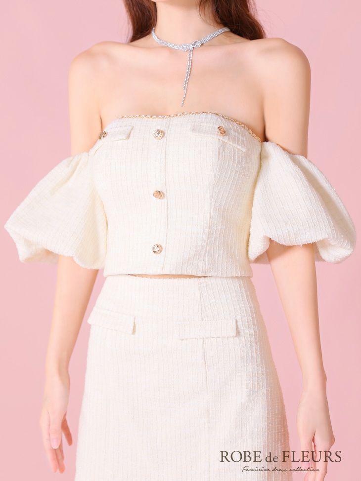 ROBE de FLEURS ローブドフルール ブルー ニットツイードオフショルセットアップタイトミニキャバドレス fm3269-3