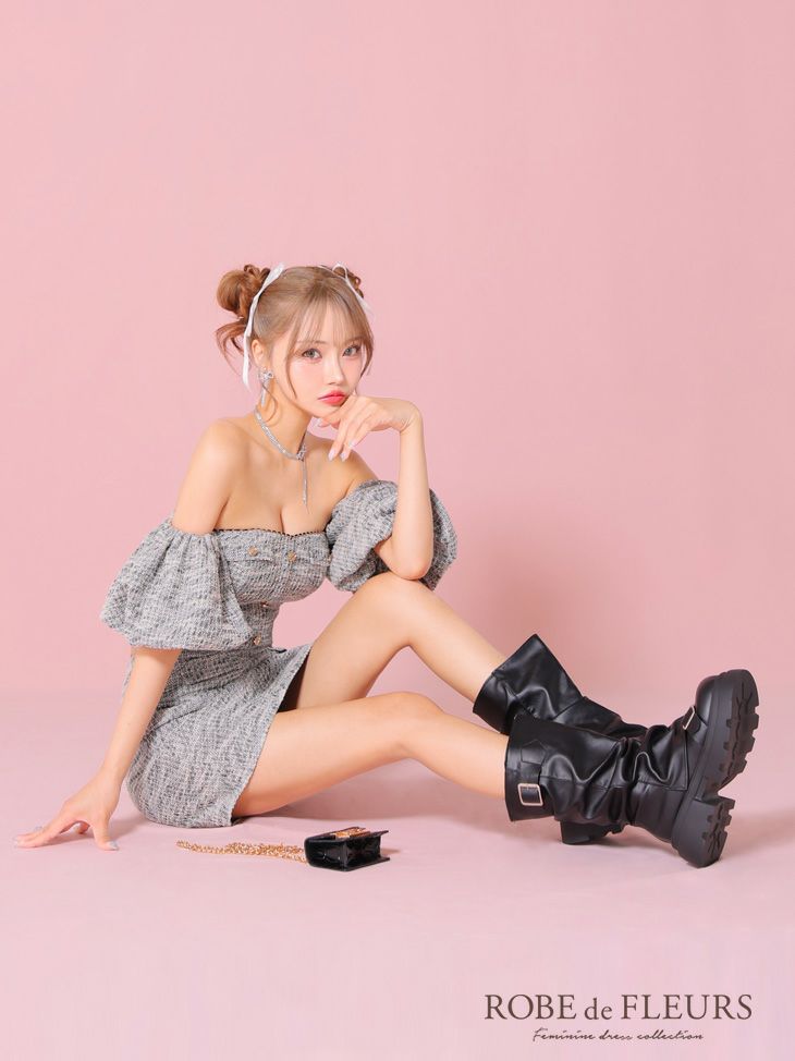 ROBE de FLEURS ローブドフルール ブラック ニットツイードオフショルセットアップタイトミニキャバドレス fm3269-4