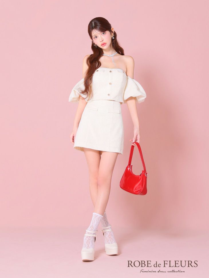 ROBE de FLEURS ローブドフルール ニットツイードオフショルセットアップタイトミニキャバドレス fm3269-c
