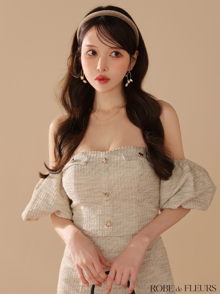 ROBE de FLEURS ローブドフルール ニットツイードオフショルセットアップタイトミニキャバドレス fm3269-c