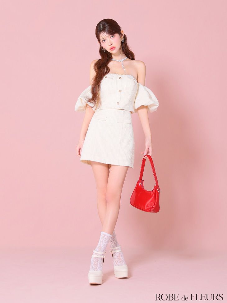 ROBE de FLEURS ローブドフルール ニットツイードオフショルセットアップタイトミニキャバドレス fm3269-c