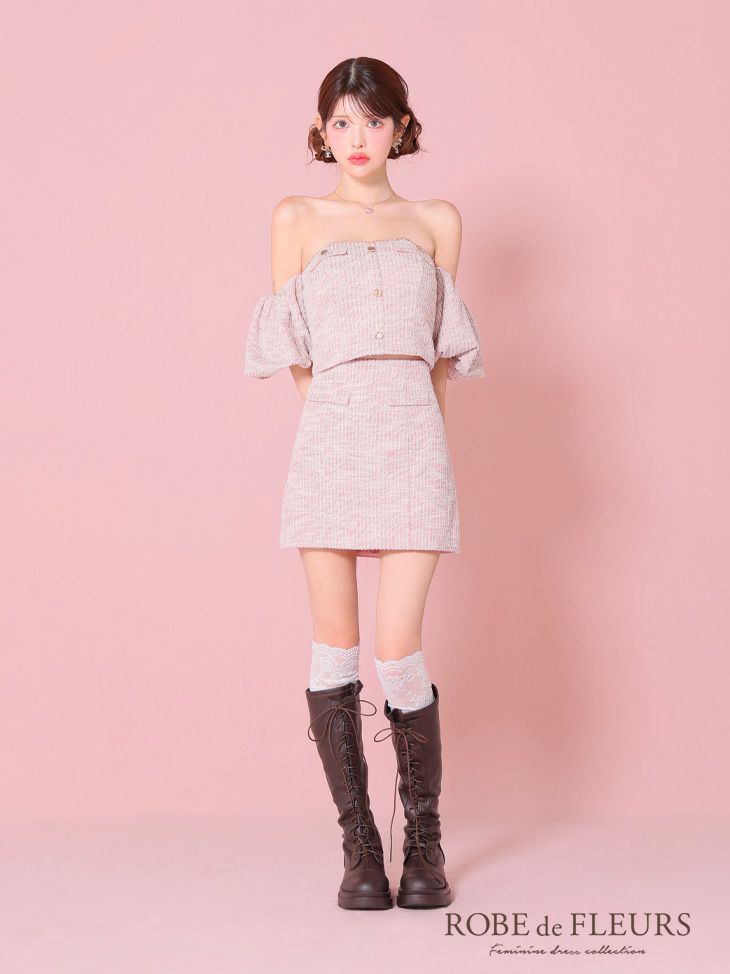 ROBE de FLEURS ローブドフルール ニットツイードオフショルセットアップタイトミニキャバドレス fm3269-c