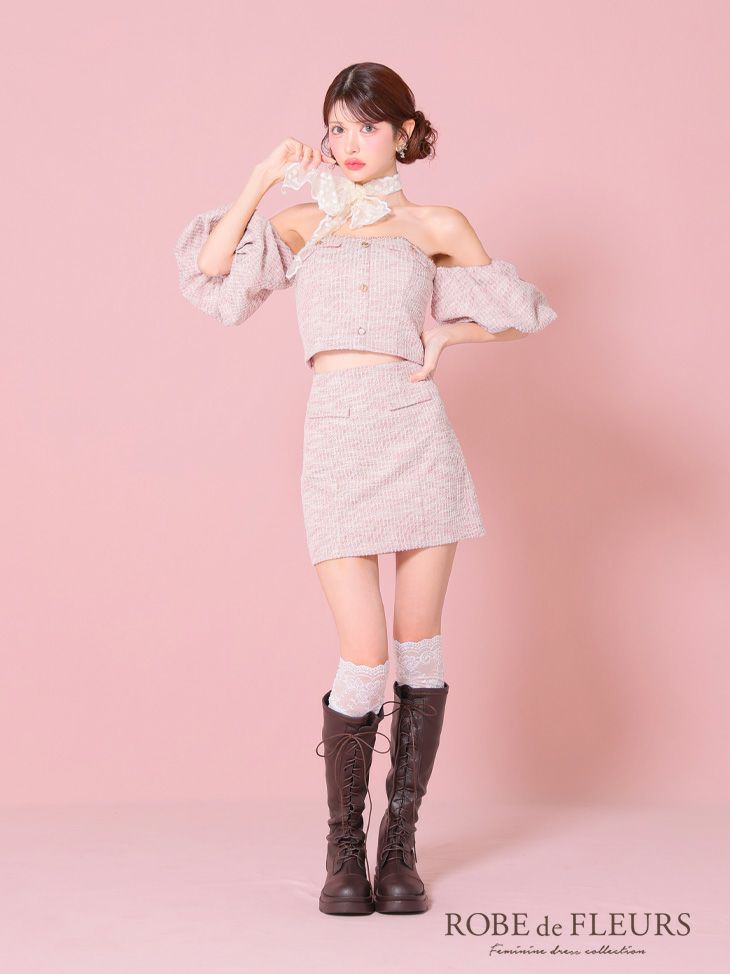 ROBE de FLEURS ローブドフルール ニットツイードオフショルセットアップタイトミニキャバドレス fm3269-c