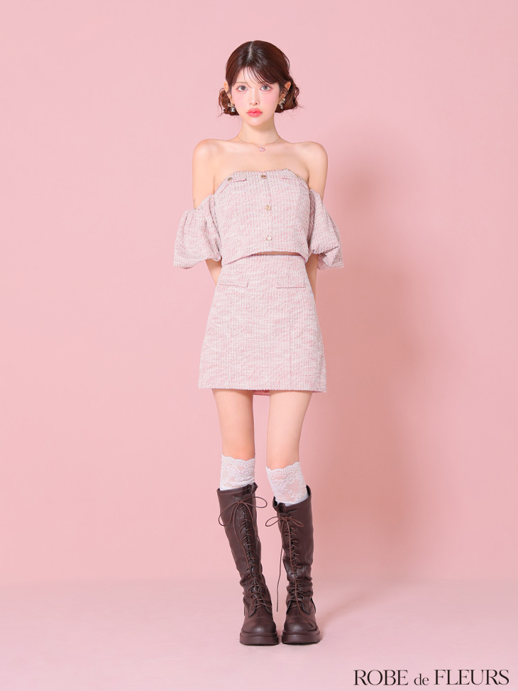 ROBE de FLEURS ローブドフルール ニットツイードオフショルセットアップタイトミニキャバドレス fm3269-c
