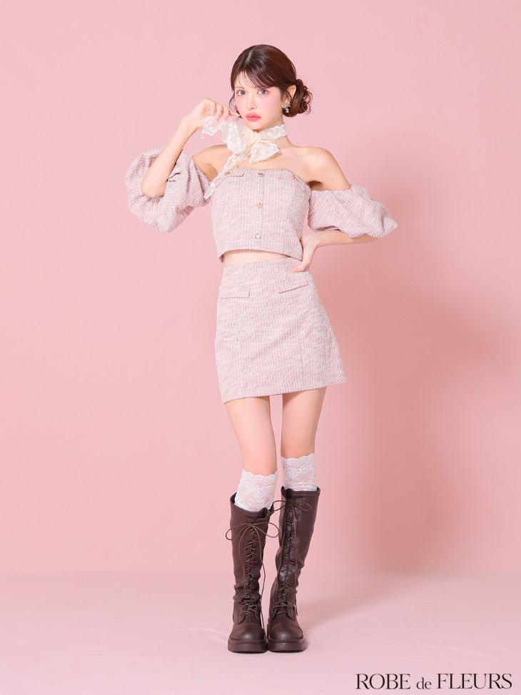 ROBE de FLEURS ローブドフルール ニットツイードオフショルセットアップタイトミニキャバドレス fm3269-c